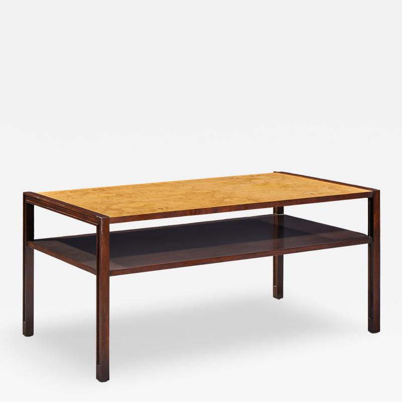 Edward Wormley Edward Wormley for Dunbar Mid Century 2 Tier Burlwood and Mahogany Coffee Table