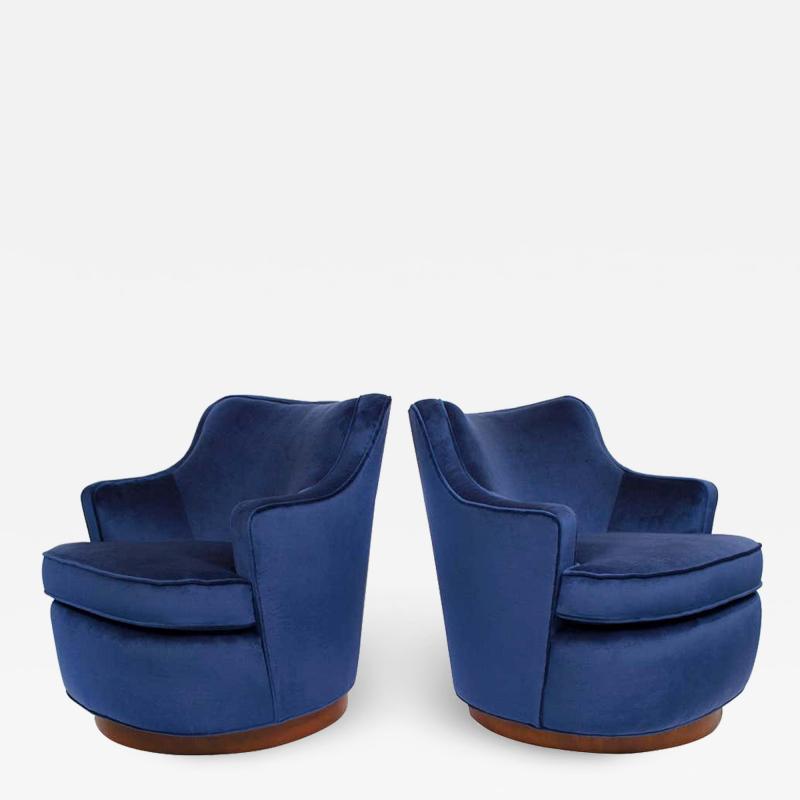 Edward Wormley Pair of Edward Wormley Swivel Chairs for Dunbar in Blue Velvet