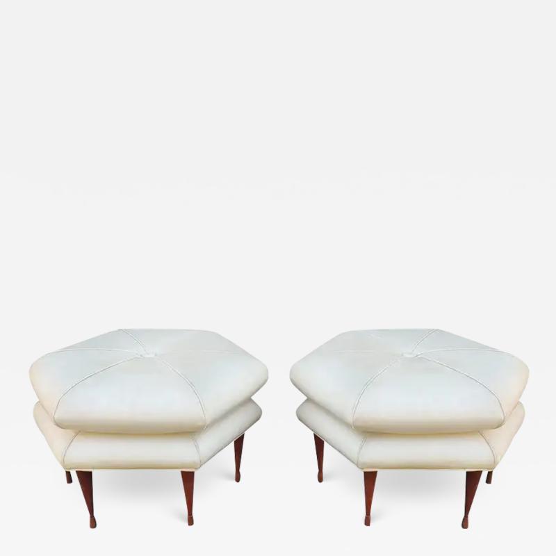 Edward Wormley Pair of Selig Hexagon Form Ottoman or Pouffe Original Leatherette on Walnut Legs