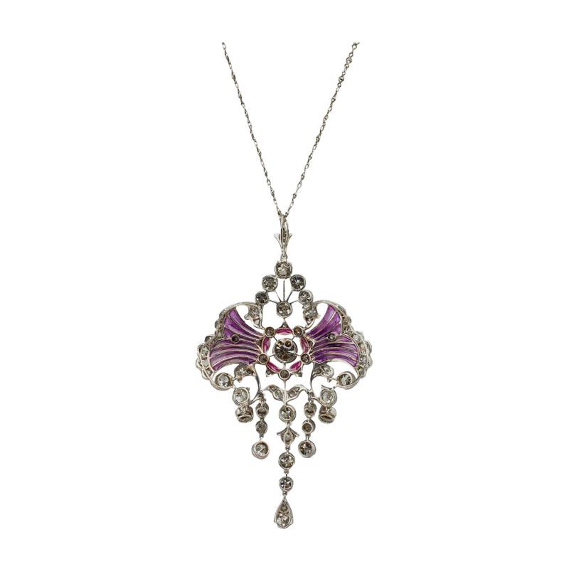 Edwardian Diamond and Plique jour Enamel Pendant Necklace