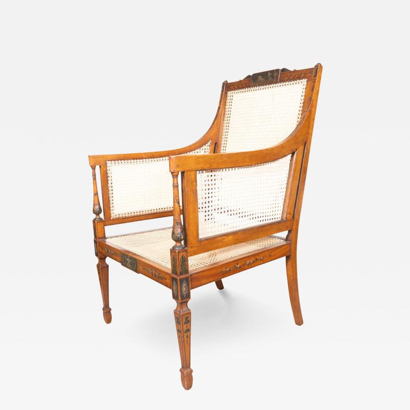 Edwardian Finely Painted And Caned Satinwood Armchair