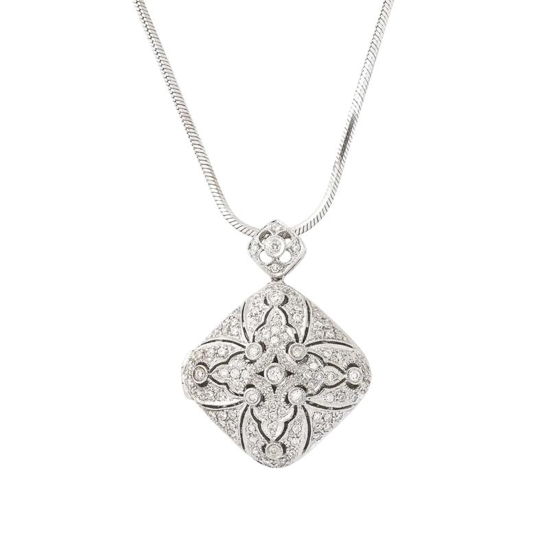Edwardian Style 14K White Gold Pave Diamond Locket Pendant Necklace