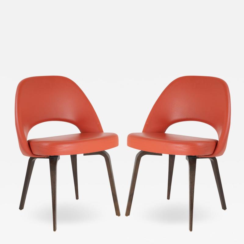 Eero Saarinen Saarinen Executive Armless Chairs in Burnt Orange Leather and Walnut Legs Pair