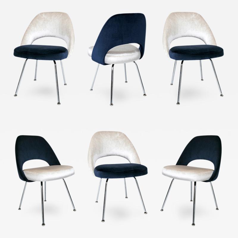 Eero Saarinen Saarinen Executive Armless Chairs in Ivory Navy Velvet Set of Six