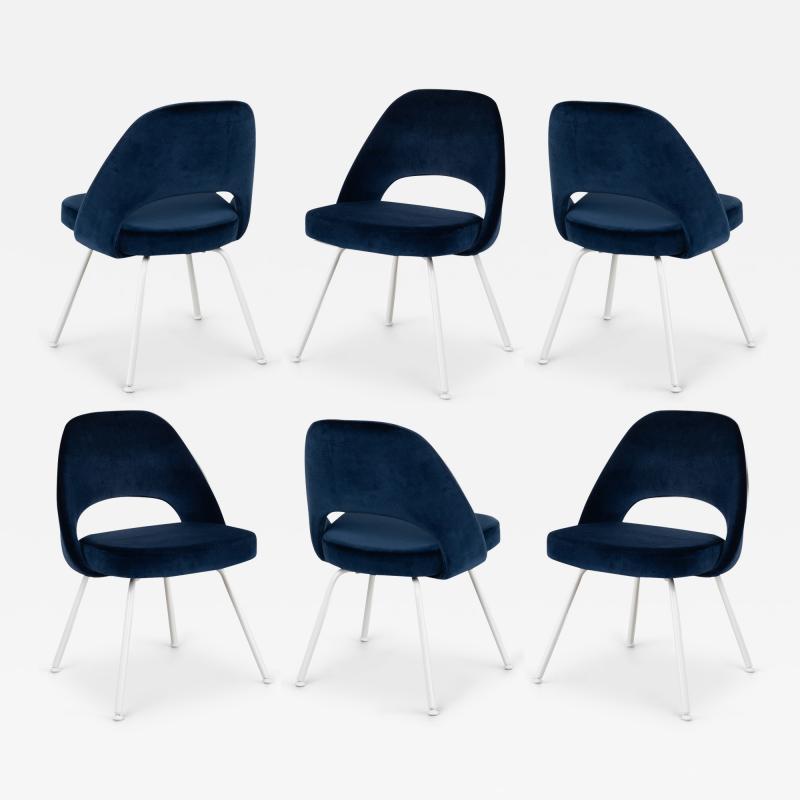 Eero Saarinen Saarinen Executive Armless Chairs in Navy Velvet with Lunar White Legs Set of 6