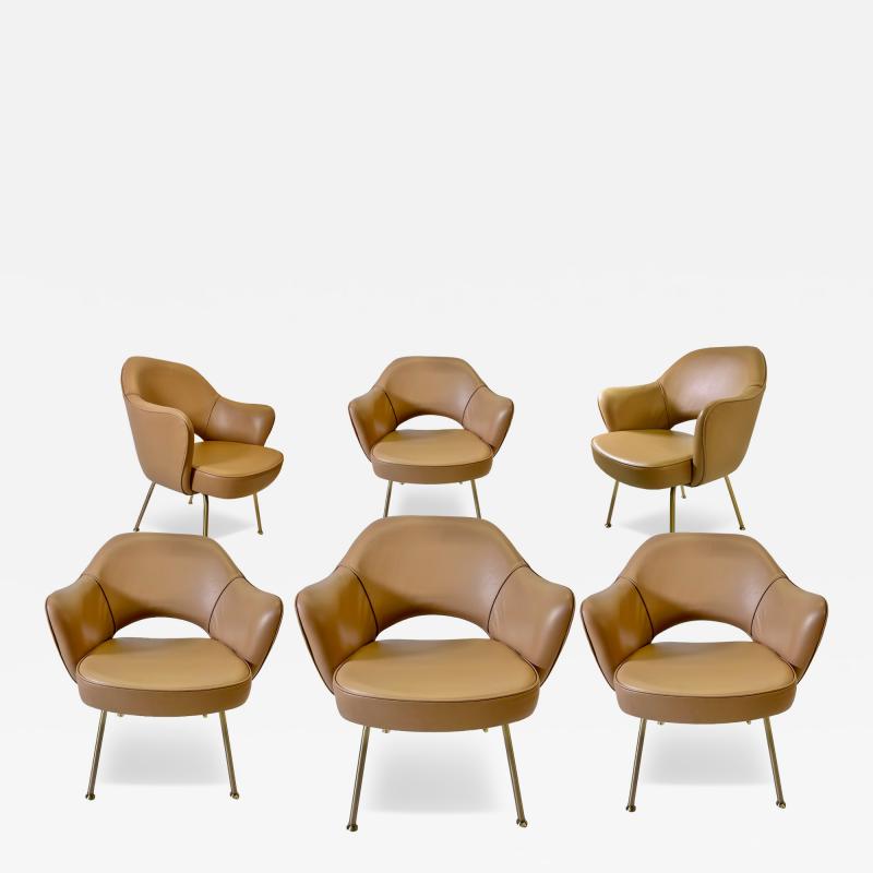 Eero Saarinen Set of 6 Saarinen Executive Armchairs Tan Italian Leather With Gold Tubular Legs