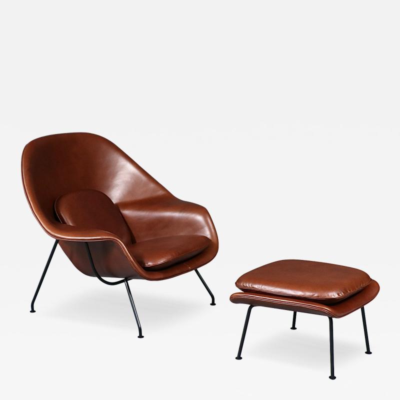 Eero Saarinen Vintage Eero Saarinen Womb Italian Cognac Leather Chair w Ottoman for Knoll