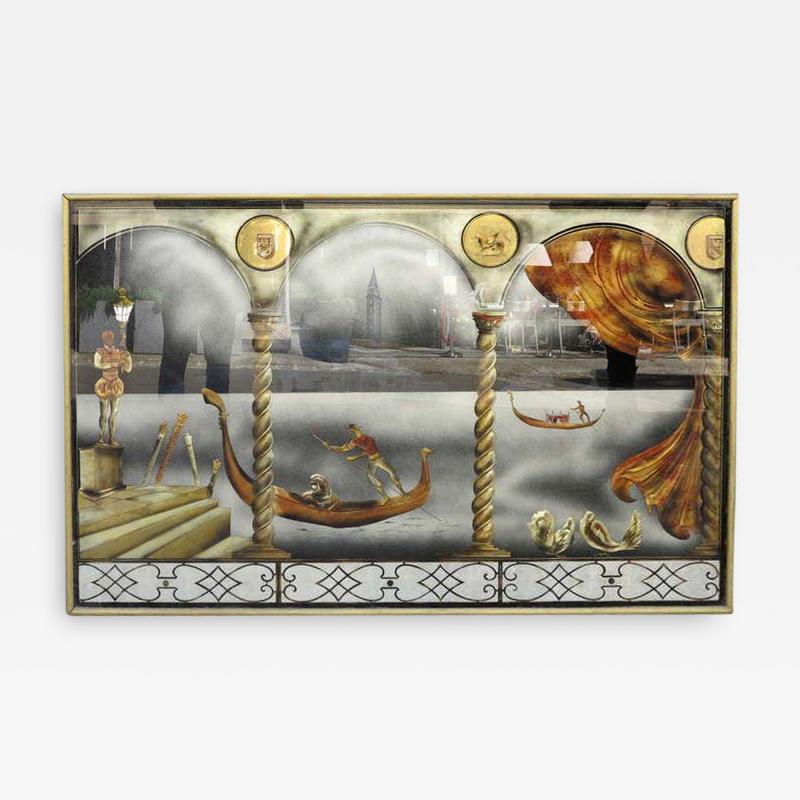 Eglomise Glass Panel Gondola Ride to the Venice Carnival 