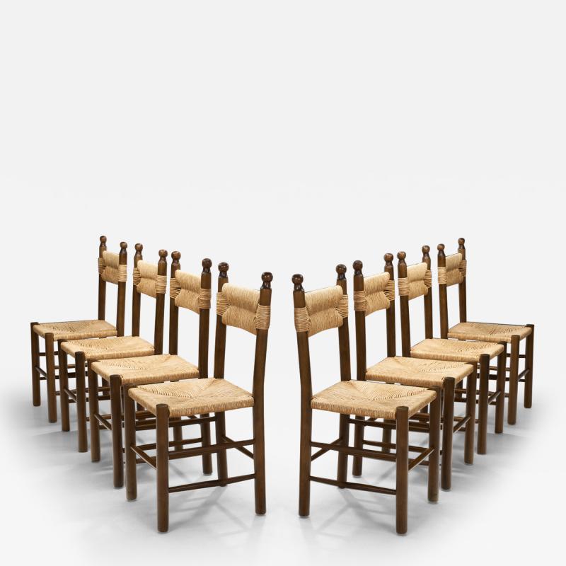 Eight Solid Wood and Straw Dining Chairs Europe ca 1950s