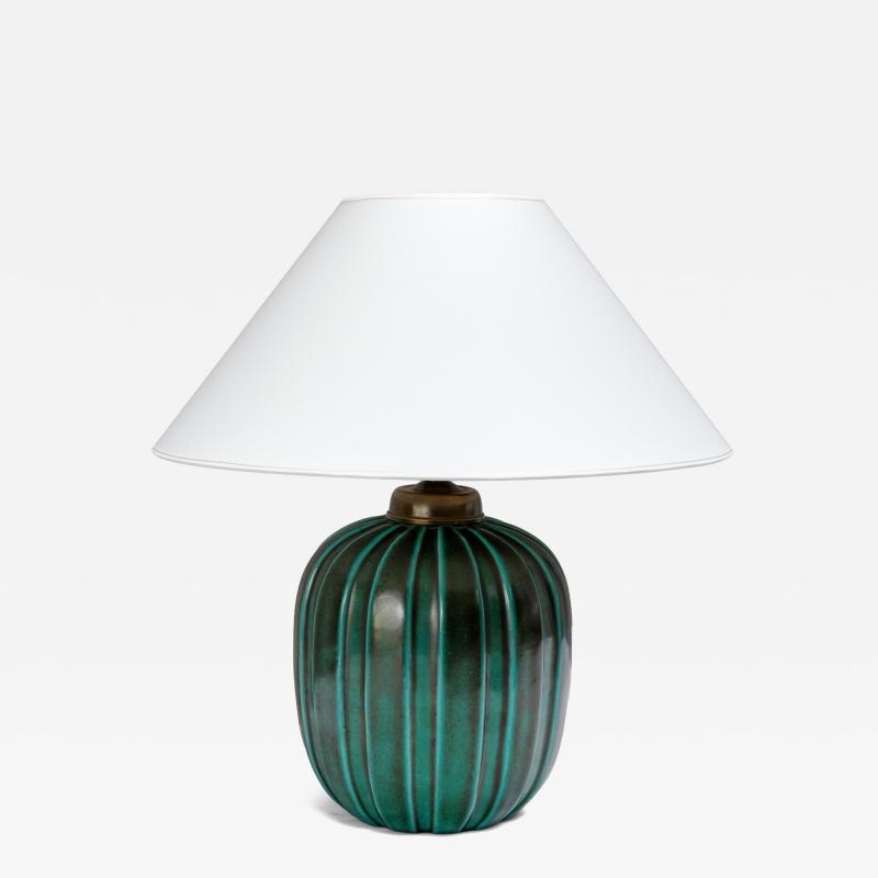 Einar Luterkort Einar Luterkort Green Glazed Ceramic Table Lamp Upsala Ekeby Sweden 1930s