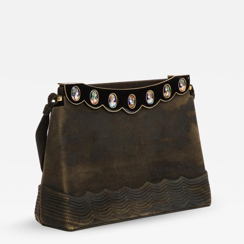 Elegant French Limoges Enamel and Black Suede Purse Handbag George Baring 1950