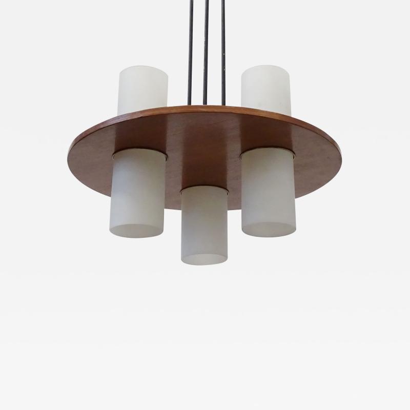 Elegant Italian 1950s Teak and Opaline Glass Cylinders Ceiling Lamp