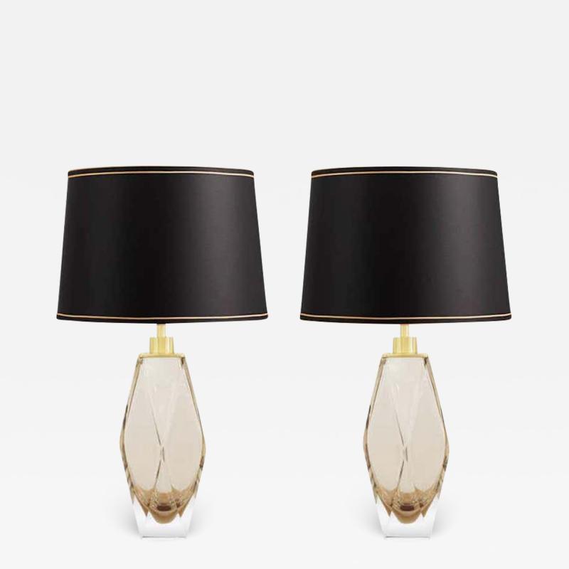 Elegant Pair of Faceted Champagne Color Murano Glass Table Lamps