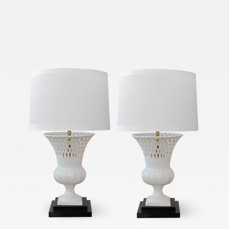 Elegant Pair of Italian White Glazed Basket Weave Urn Form Lamps