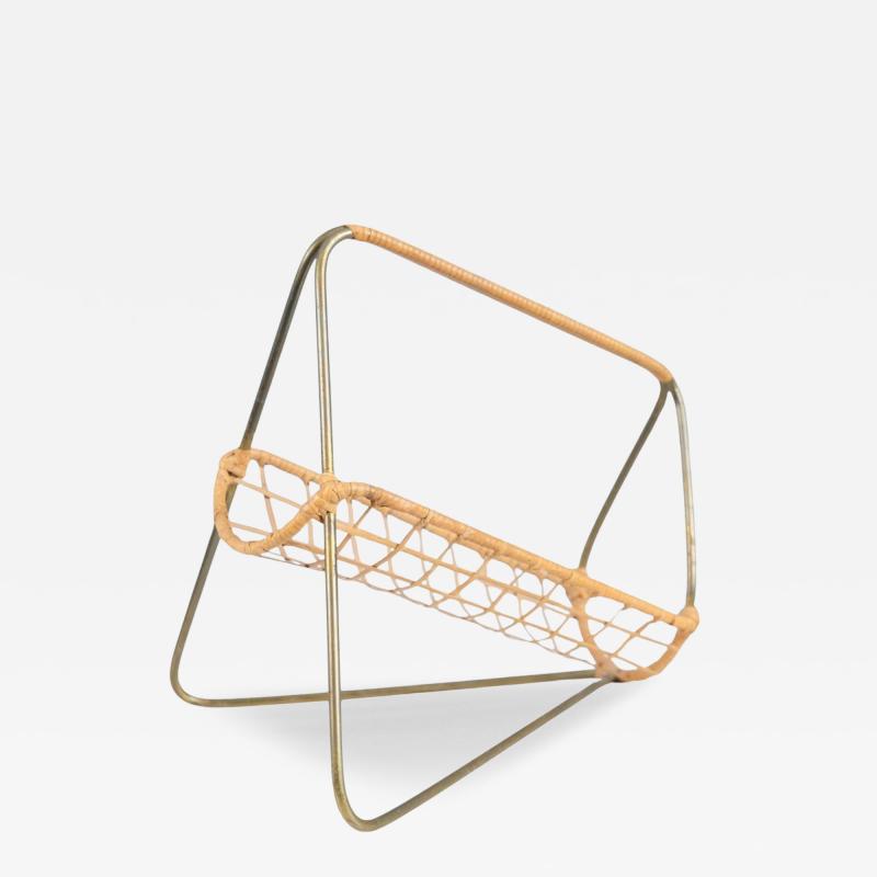 Elegant Scandinavian Mid Century Wine Bottle Holder in Brass and Rattan 1950s