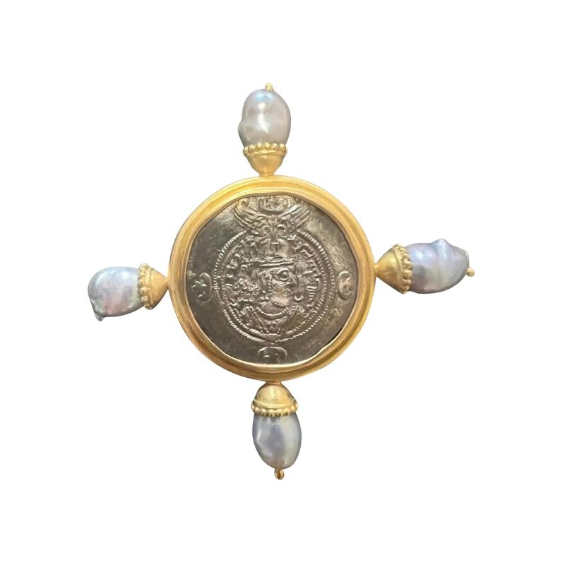 Elizabeth Locke Elizabeth Locke Silver Saanian Roman Coin Sea Pearl 18k Gold Frame Pin or Brooch