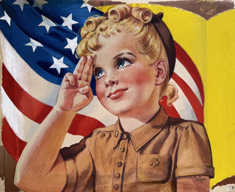 Ellen Barbara Segner Mid Century Brownie Blond Girl Scout 4th of July Salute with American Flag