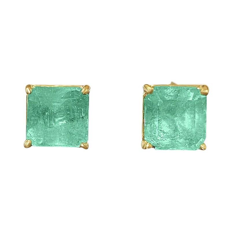 Emerald Cut Natural Emerald Stud Earrings in 18k Solid Yellow Gold