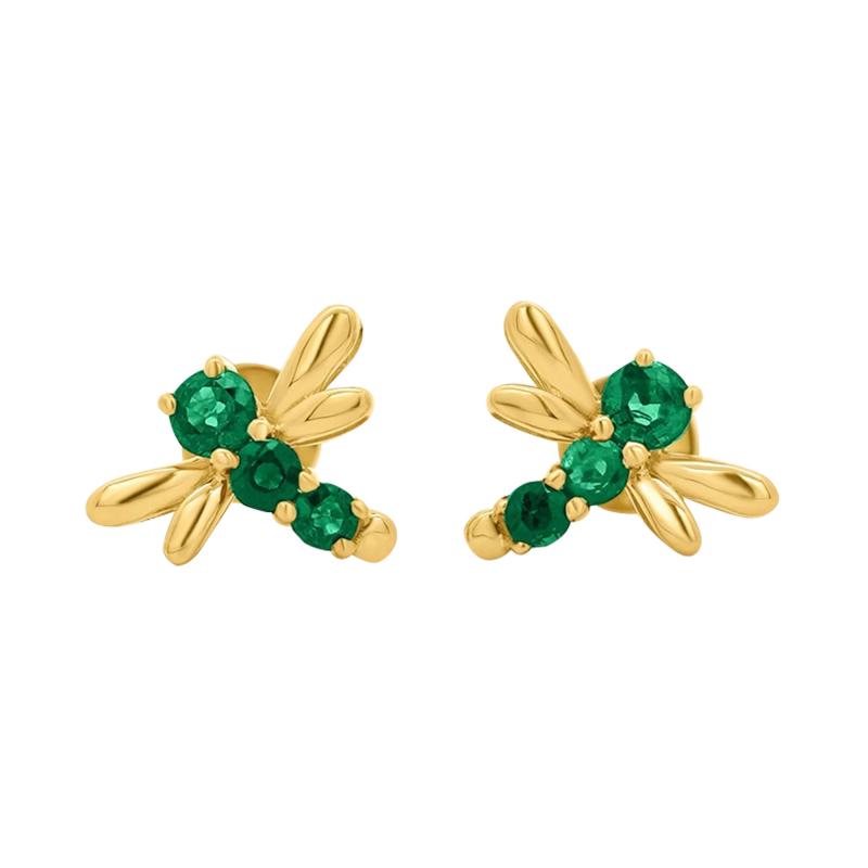 Emerald Dragonfly Stud Earrings in 14K Gold