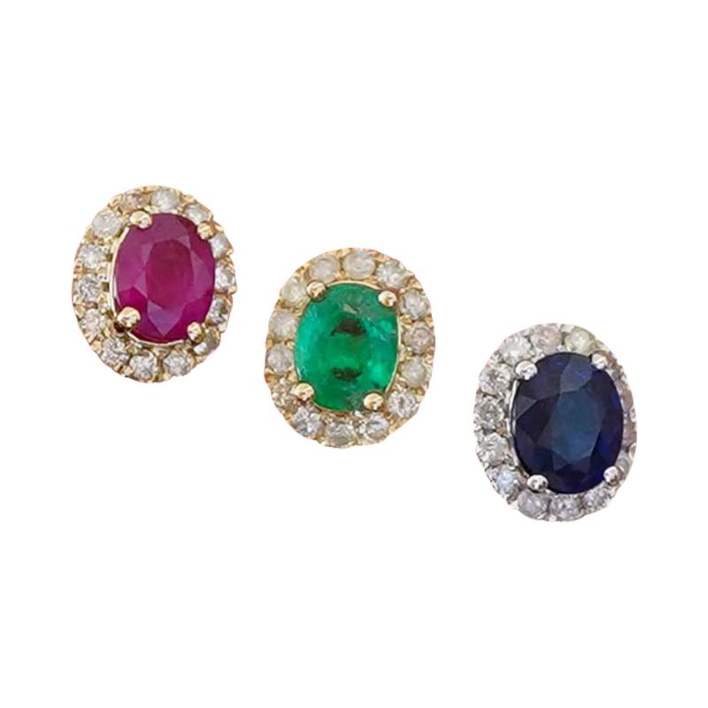 Emerald Ruby Or Sapphire Diamond Halo 1 Carat Stud Earrings in 14K Gold