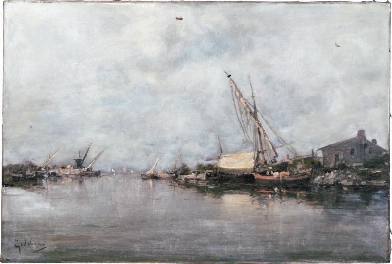 Emile Godchaux French Fishing Port Oil Painting by Emile Godchaux