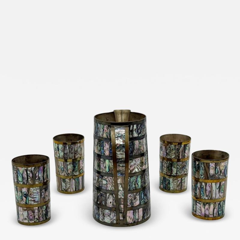 Emilia Castillo Alfredo Villasana Taxco Brass Abalone Pitcher and Tumblers Set 1950s