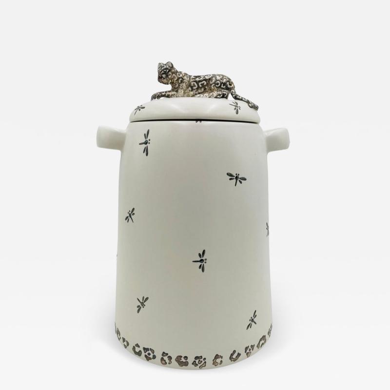 Emilia Castillo Emilia Castillo Porcelain Silver Jaguar Lidded Jar Taxco Mexico