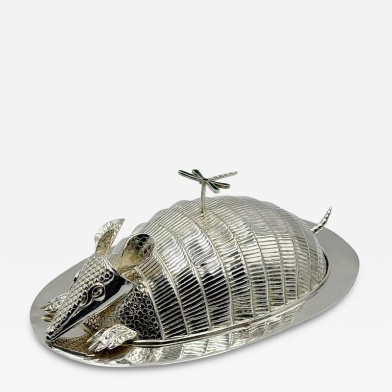 Emilia Castillo Emilia Castillo Silver Plate Armadillo Butter Dish with Malachite Taxco Mexico