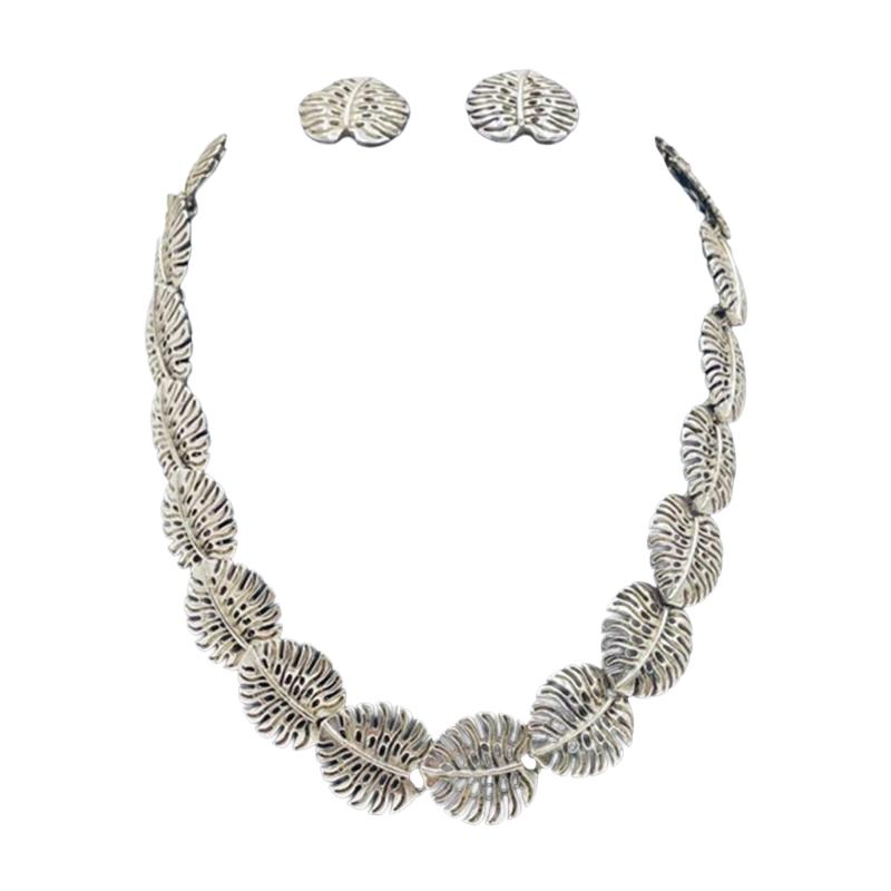 Emilia Castillo Emilia Castillo Taxco 950 Silver Monstera Necklace Earrings Set Mexican Art