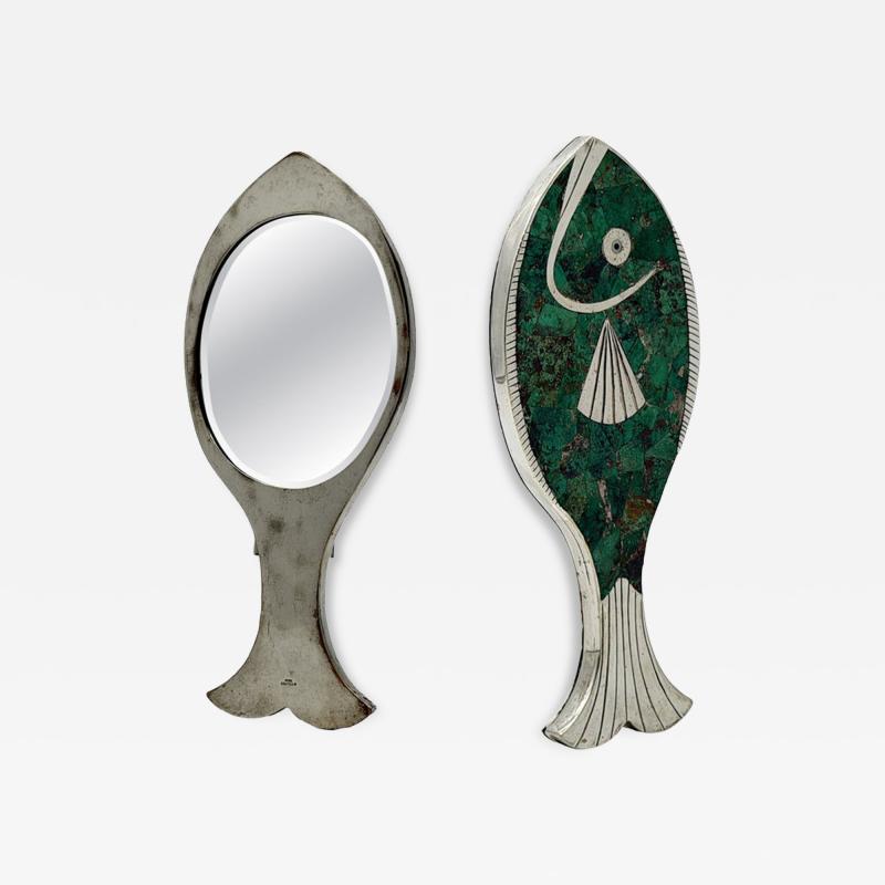 Emilia Castillo Emilia Mimi Castillo Taxco Malachite Silver Plate Fish Hand Mirror 1970s