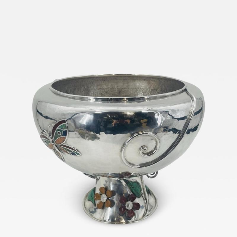 Emilia Castillo Lrg Silver Plate Punch Bowl with Stone Inlay by Emilia Castillo Mexican Silver
