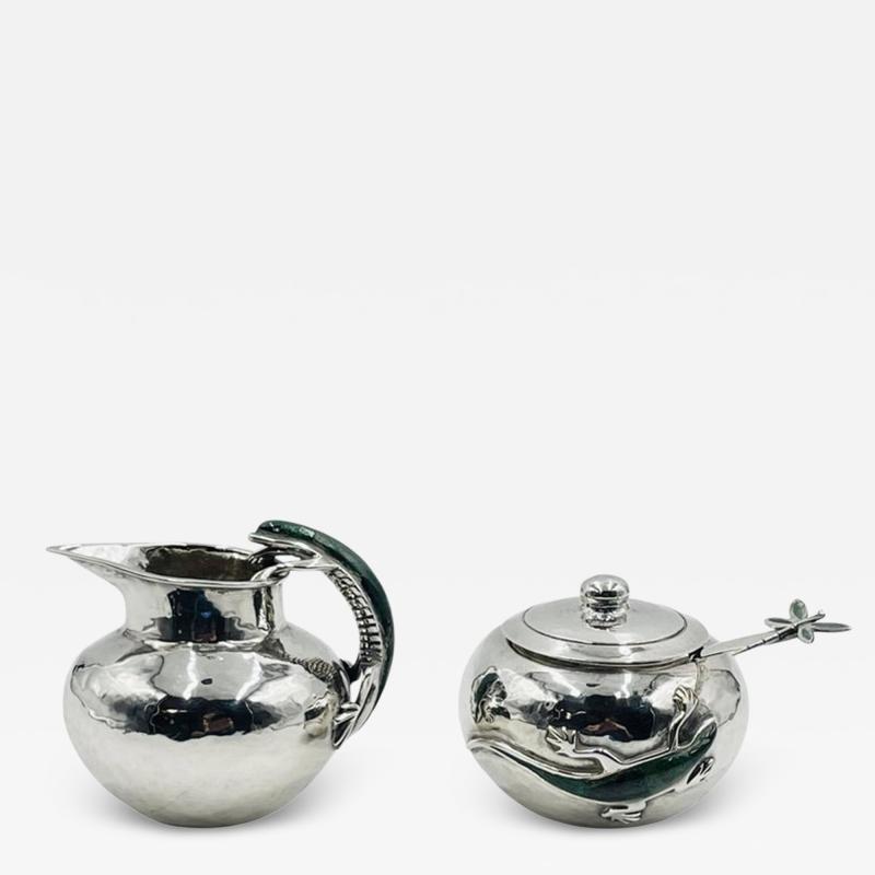 Emilia Castillo Malachite Lizard Creamer Sugar Set by Emilia Castillo for Los Castillo Mexico