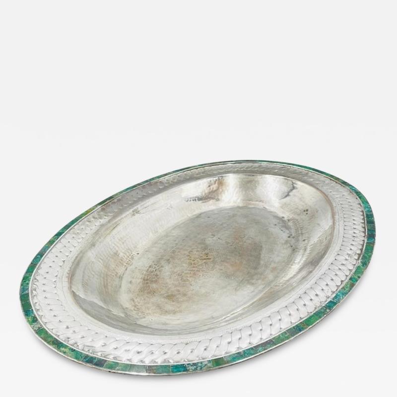 Emilia Castillo Massive Emilia Castillo Silver Plate Malachite Taxco Serving Bowl Hand Signed