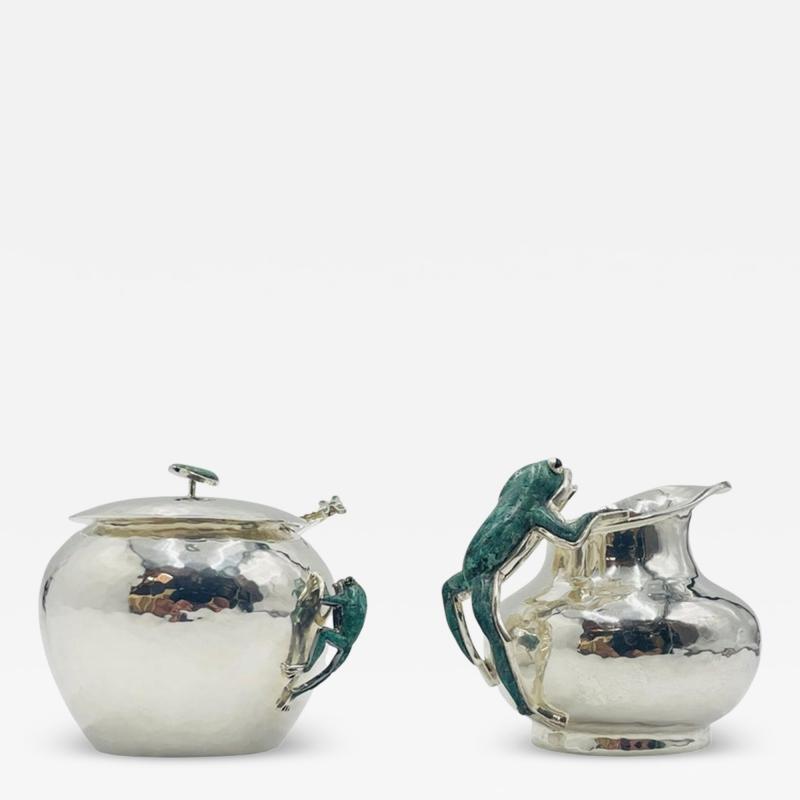 Emilia Castillo Silver Malachite Creamer Spoon Covered Sugar Pot Set by Emilia Castillo