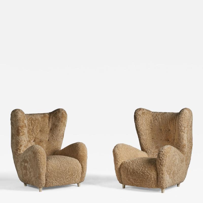 Emilio Sarrachi Sizeable Lounge Chairs with Shearling and Wood Italy 1940s