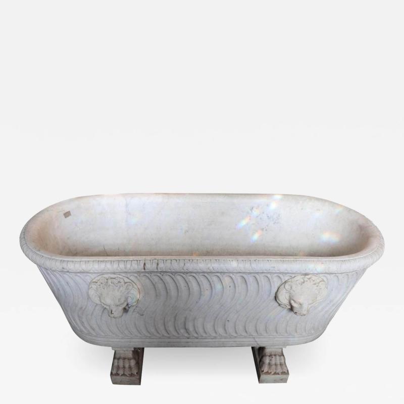 Empire Hand Carved White Carrara Marble Antique Bathtub with Lion Heads