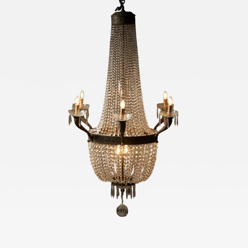 Empire Style Gilt Brass and Crystal Sac Perles Chandelier with Six Arms