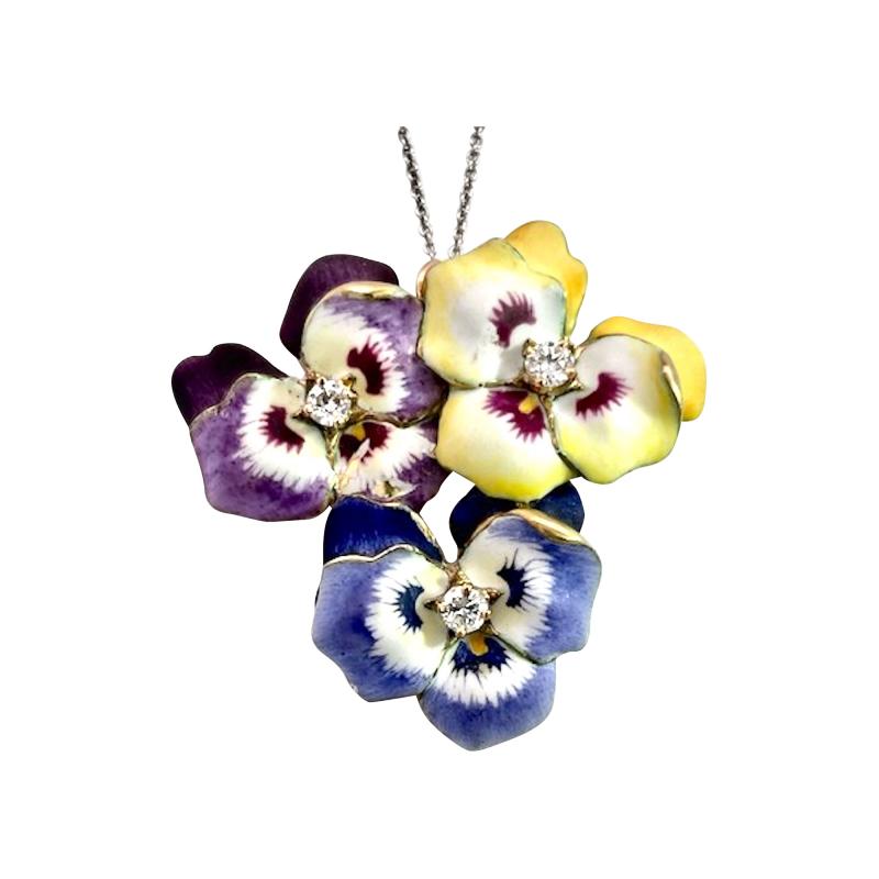 Enamel Pansy Brooch Pendant 14K 1960s