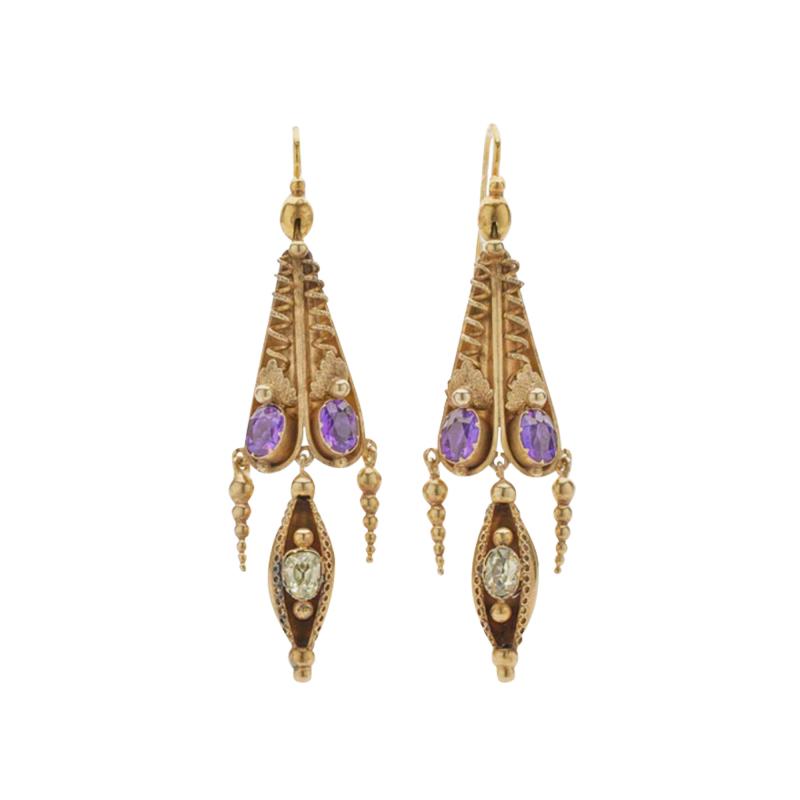 English 15k Gold Amethyst and Green Chrosberyl Pendant Earrings