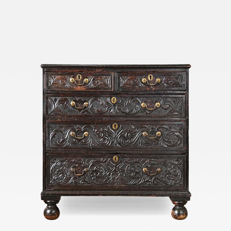 English 18th Century Ebonized Oak Carved Chest