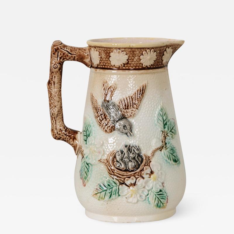 English 19th Century Majolica Bird s Nest Pitcher