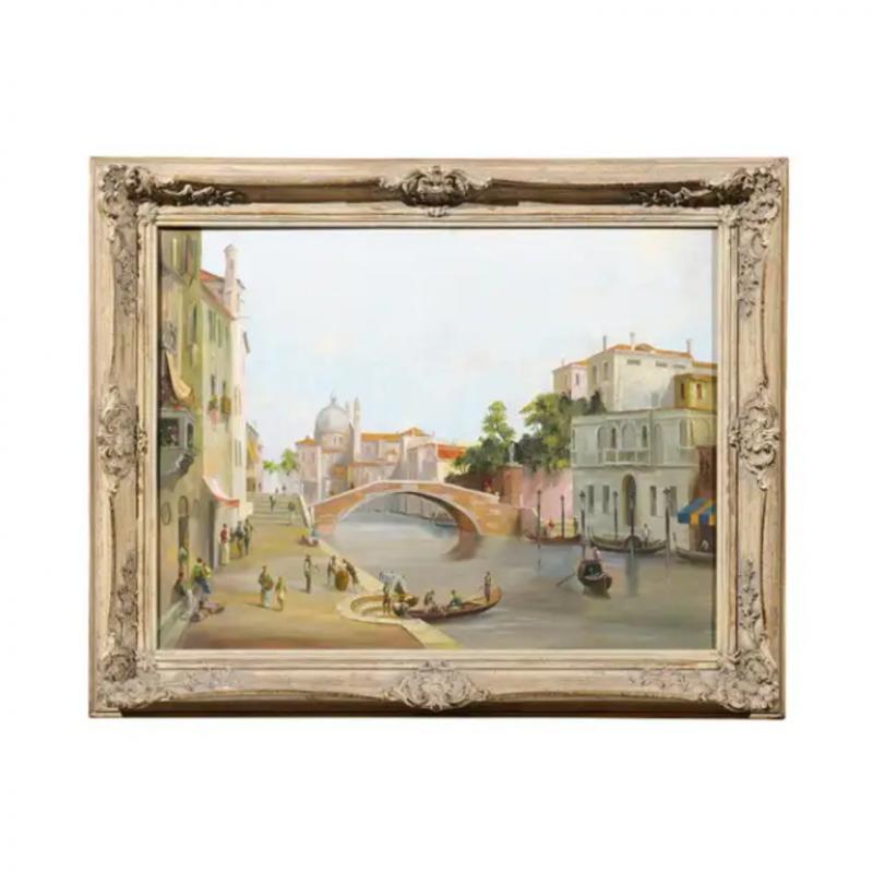 English 19th Century Oil Painting Depicting a Venetian Scene in Carved Frame