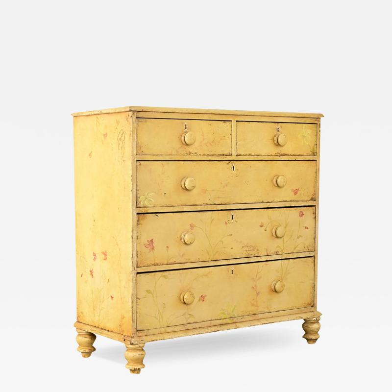 English 19th Century Painted Pine Chest with Flowers