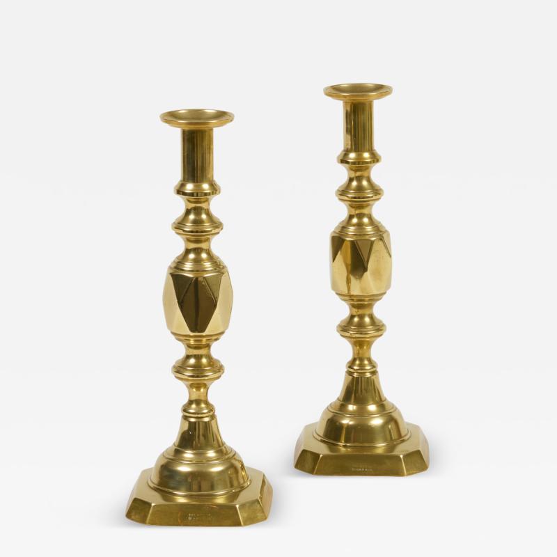 English Antique Brass Ace of Diamonds Candlesticks A Pair
