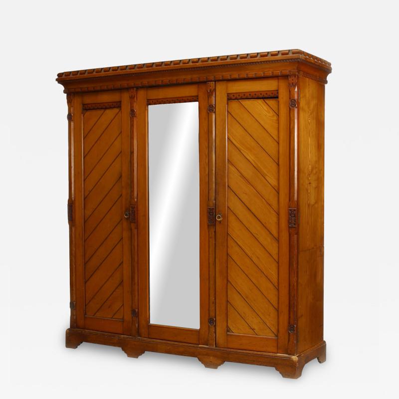 English Arts Crafts Carved Pine Armoire