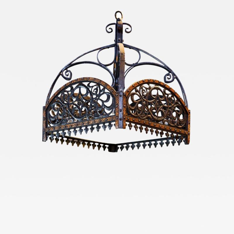 English Arts Crafts Chandelier of Hammered Iron Copper and Glass