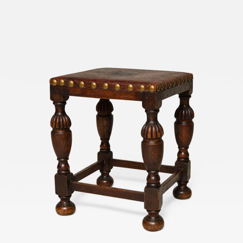 English Arts Crafts Leather and Oak Stool