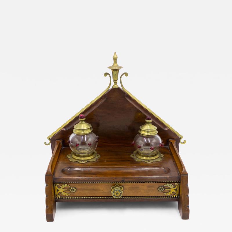 English Arts Crafts Mahogany and Brass Inkwell