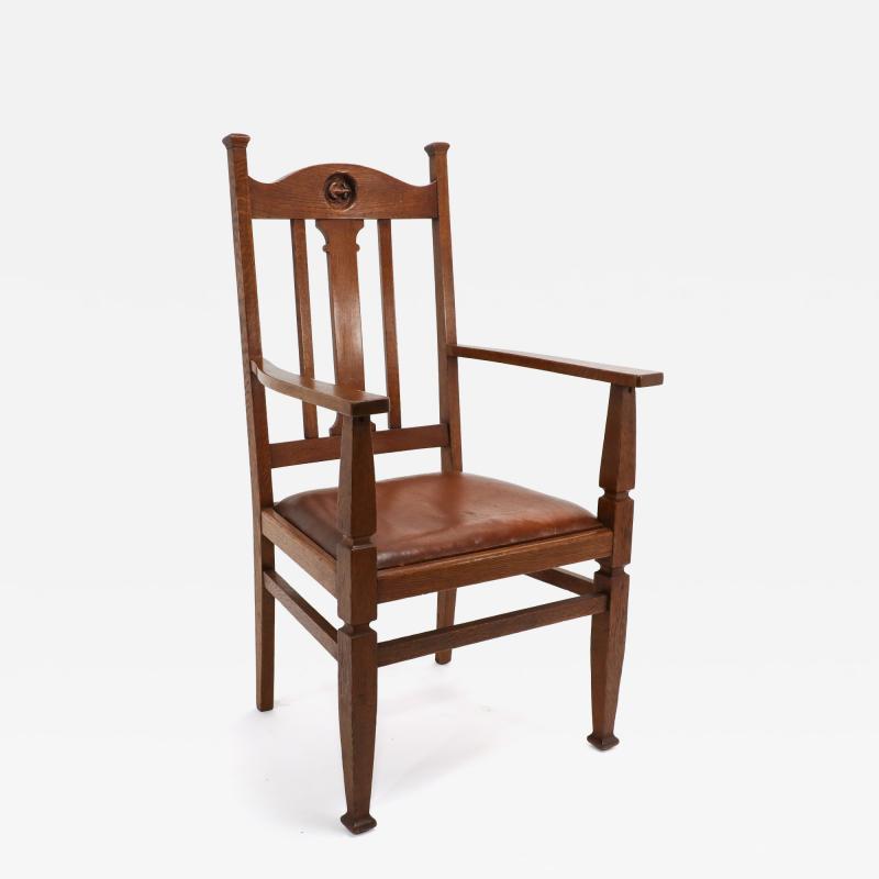 English Arts Crafts Oak Armchair with a Carved Mouse Inset to the Headrest