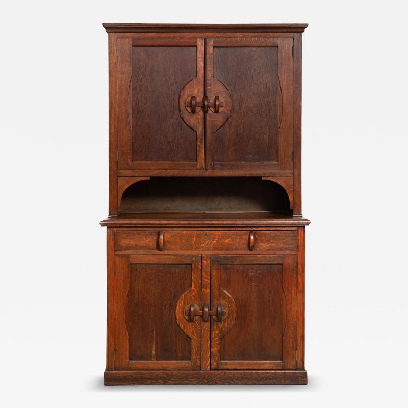 English Arts Crafts Oak Two Part Step Back Cupboard Cabinet c 1920